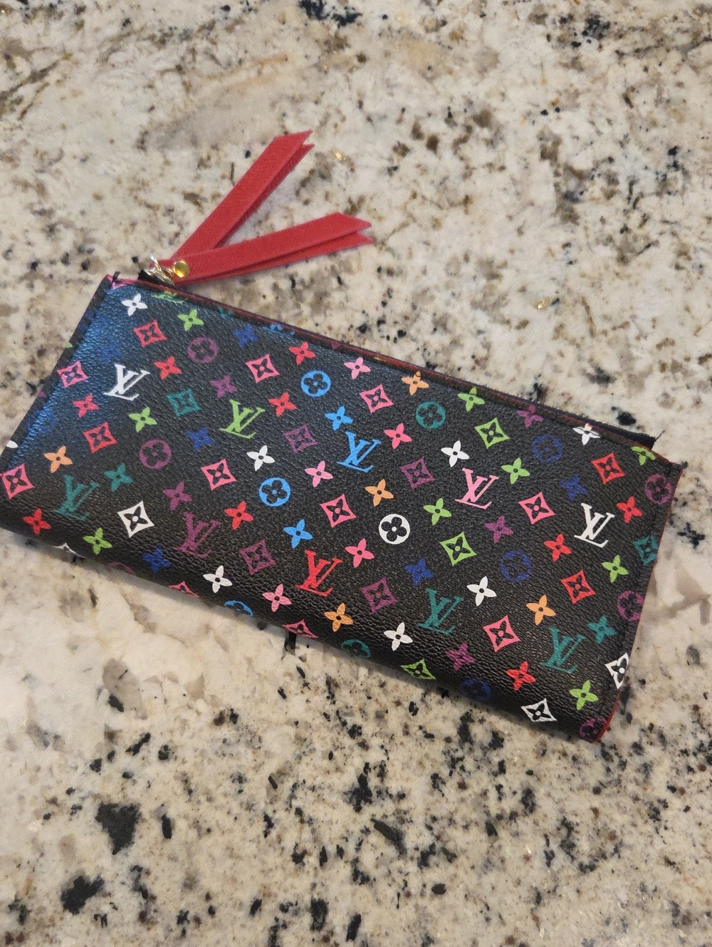 Black Multicolor Monogram Zip Pouch with Pink Pulls